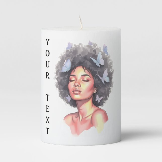 Afro Beauty with Butterflies – Watercolor Portrait Pillar Candle (Front)