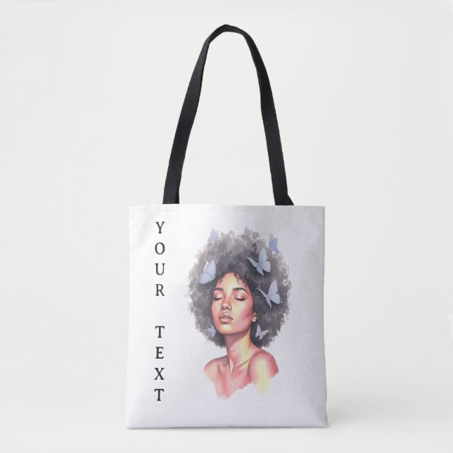 Afro Beauty with Butterflies – Watercolor Portrait Tote Bag (Front)