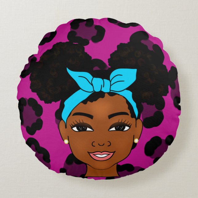 'Afro black girl puffs Round Pillow (Front)