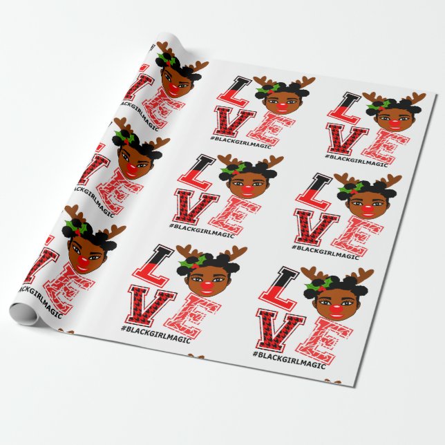 Afro Black Reindeer Christmas Girl Santa Red Nose Wrapping Paper (Unrolled)