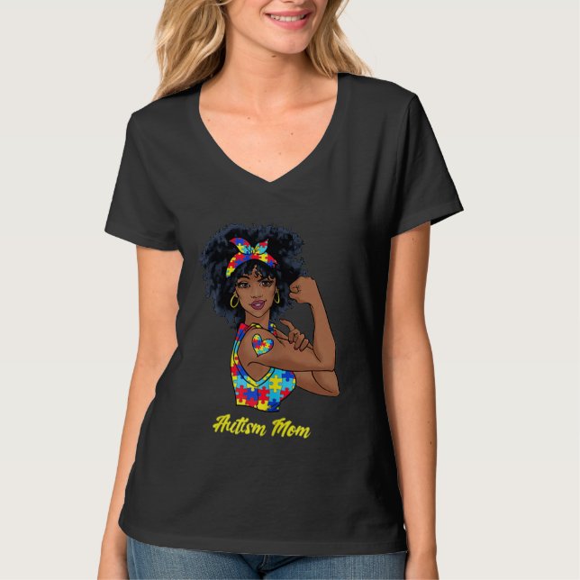 Afro Black Woman Autism Mom Awareness Tattoo Jigsa T-Shirt (Front)