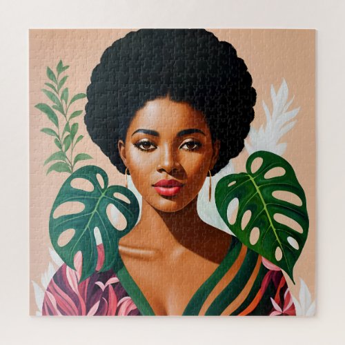 Afro Black Woman Monstera Deliciosa Botanical Jigsaw Puzzle