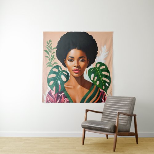 Afro Black Woman Monstera Deliciosa Botanical Tapestry