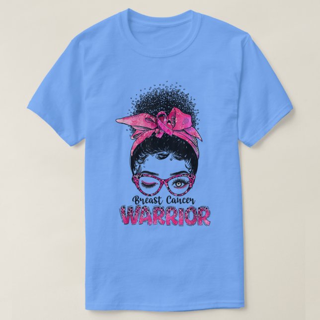 Afro Black Women Breast Cancer Awareness Messy Bun T-Shirt (Design Front)