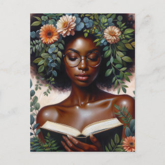 Afro Botanical Woman Reading Book Postcard