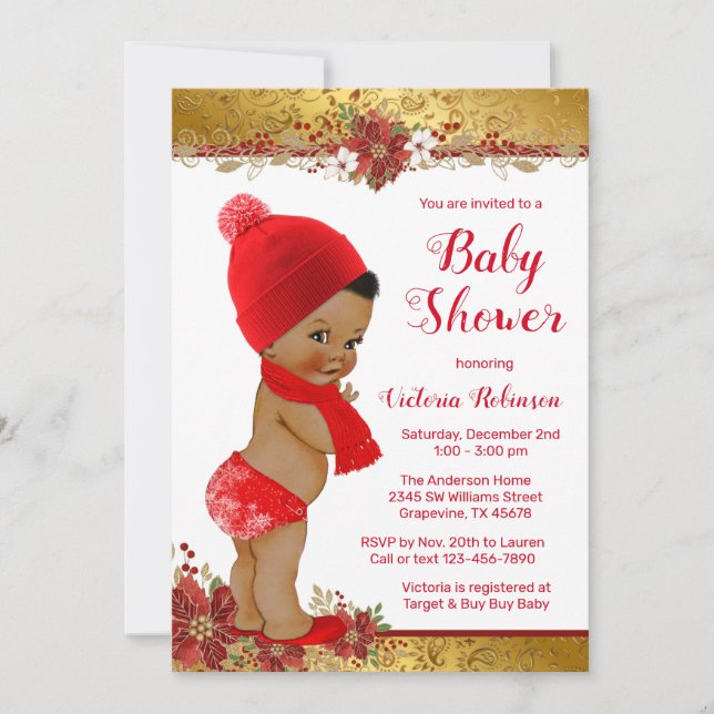 Afro Boy Red Gold Christmas Baby Shower Invitation (Front)