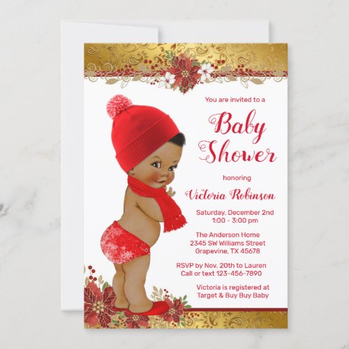 Afro Boy Red Gold Christmas Baby Shower Invitation