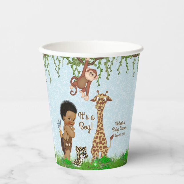 Afro Boy Safari Baby Shower Paper Cups (Front)