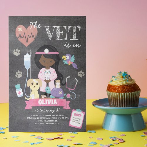 Afro Chalkboard Girl Vet Birthday Party Invitation