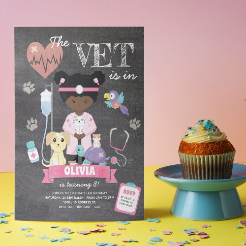 Afro Chalkboard Girl Vet Birthday Party Invitation