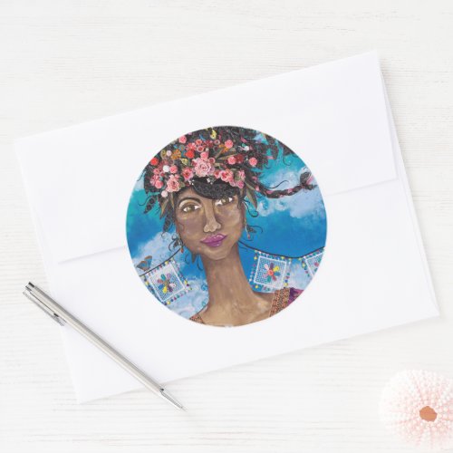 Afro Cuban Latina Beauty Flower Crown Classic Round Sticker