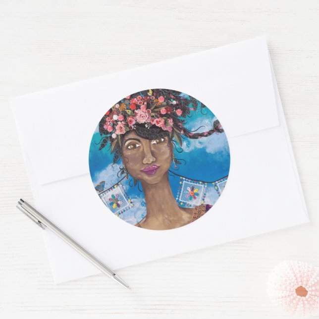 Afro Cuban Latina Beauty Flower Crown Classic Round Sticker (Envelope)