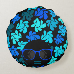 Afro Diva Blue Round Pillow