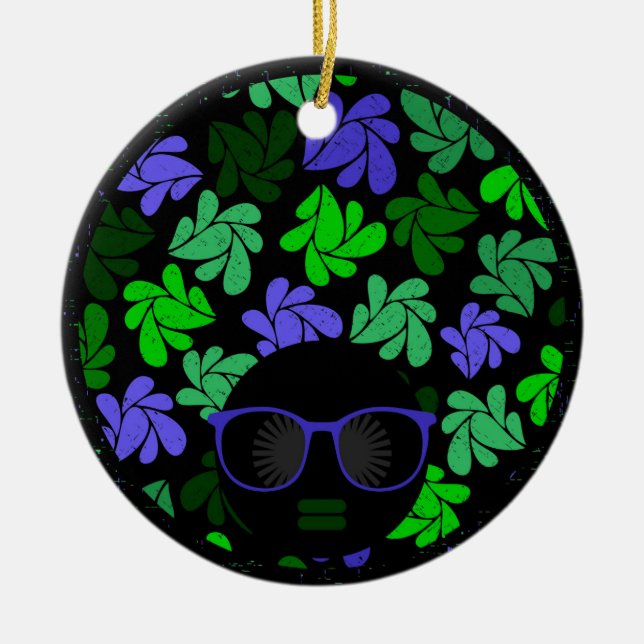 Afro Diva Green & Blue Ceramic Ornament (Front)