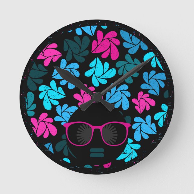 Afro Diva Turquoise & Hot Pink Round Clock (Front)