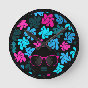 Afro Diva Turquoise & Hot Pink Round Clock