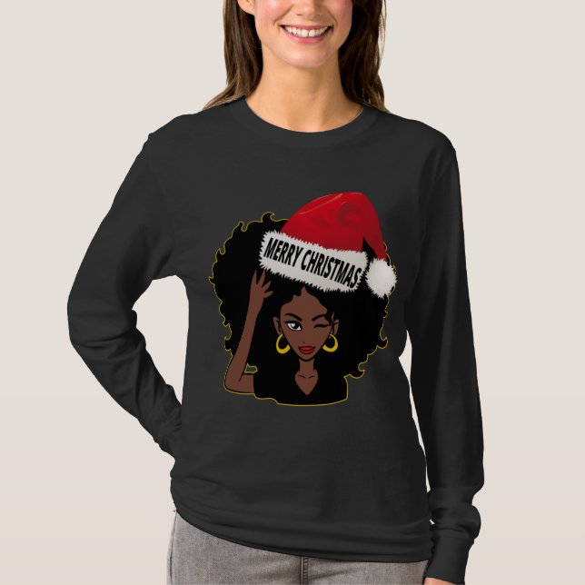 Afro Diva Winking Eye Merry Christmas Melanin Quee T-Shirt (Front)
