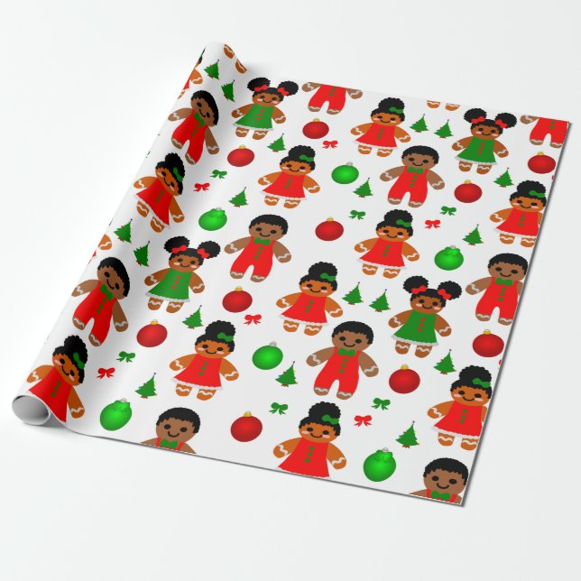 Afro Gingerbread Kids Christmas Cookie Wrapping Paper (Unrolled)