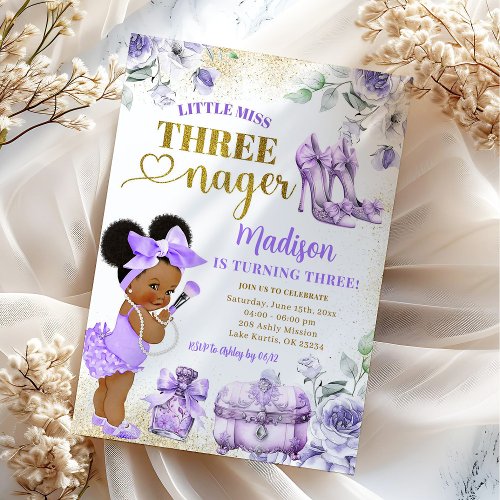 Afro Girl Purple Gold Little Miss Threenager Party Invitation