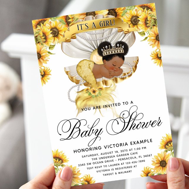 Afro Girl Sunflower Baby Shower Invitation