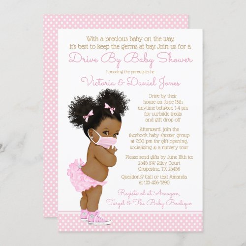 Afro Hair Baby Girl With Mask Drive By Baby Shower Invitation