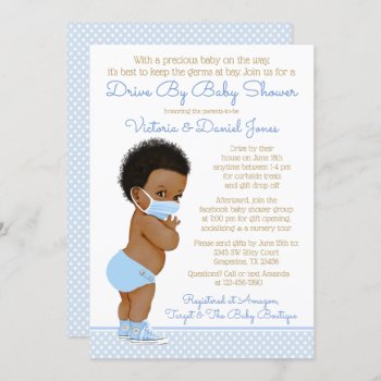 Afro Hair Boy With Mask Drive By Baby Shower Invitation by The_Baby_Boutique at Zazzle