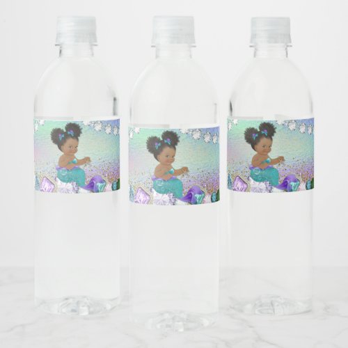 Afro Hair Jewel Mermaid Baby Shower Water Bottle Label