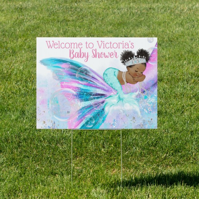 Afro Hair Mermaid Baby Shower Yard Sign (Insitu)