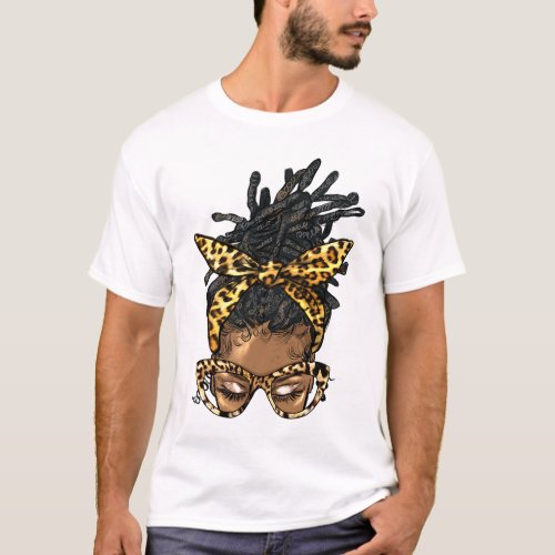 Afro Leopard Messy Bun Hair Glasses Loc Black Quee T_Shirt