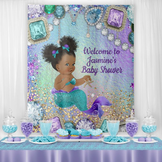 Afro Mermaid Baby Shower Backdrop (Add your own text, font style, font color for your event.)