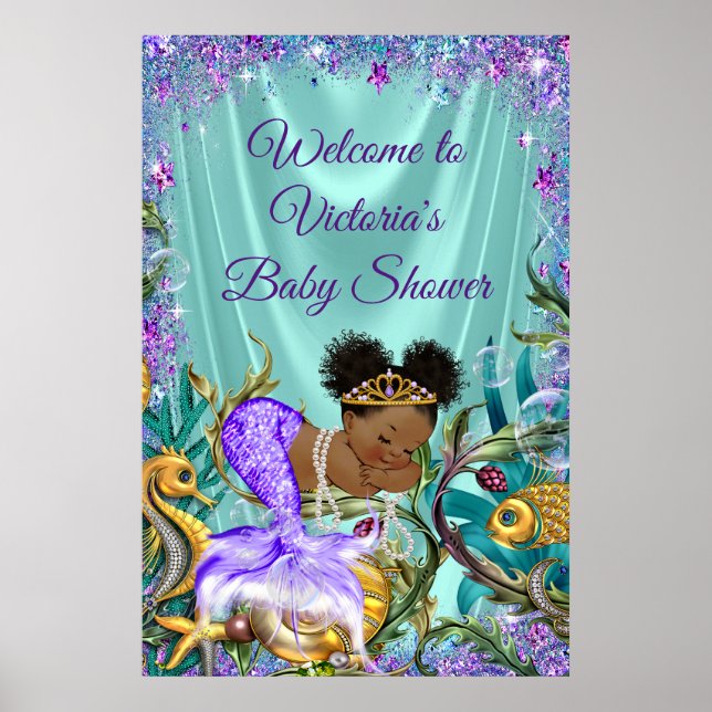 Afro Mermaid Baby Shower Welcome Sign (Front)