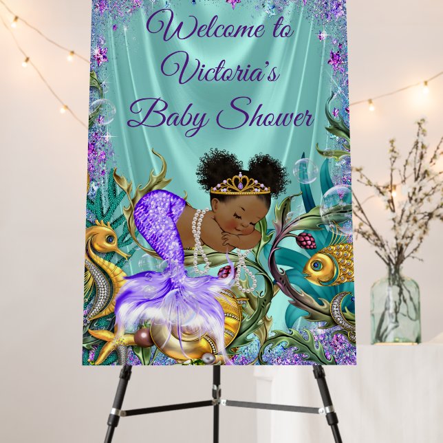 Afro Mermaid Baby Shower Welcome Sign (In Situ (Stand))