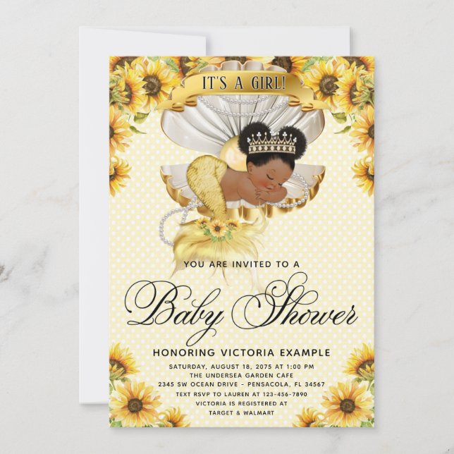 Afro Mermaid Sunflower Baby Shower Invitation (Front)