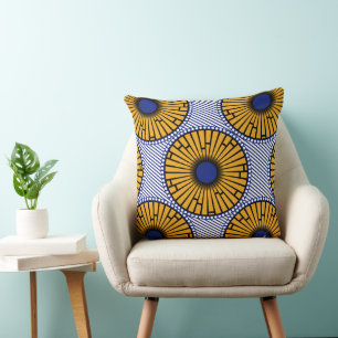 Afro Pop Blue and Gold Ankara Print Throw Pillow