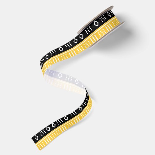 Afro Pop Modern Mud Cloth Black, White & Gold Satin Ribbon