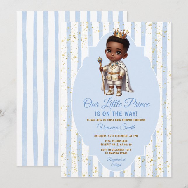 Afro Prince is on the way Blue Baby Shower Crown Invitation (Front/Back)