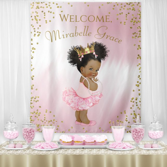 Afro Princess Baby Shower Backdrop Banner (Cute pink and gold princess baby shower backdrop. Simply add your own text.)