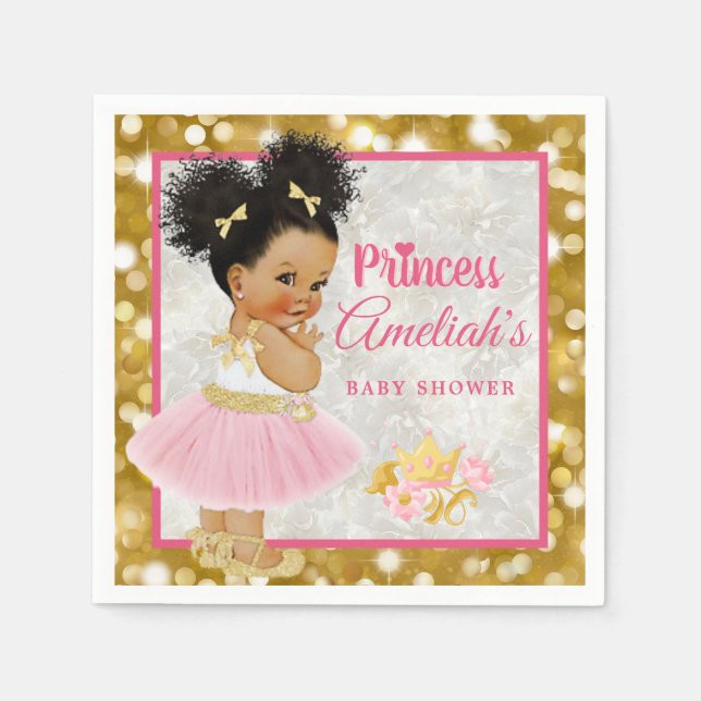 Afro Princess Ballerina Baby Girl Pink|Gold Fancy Napkins (Front)