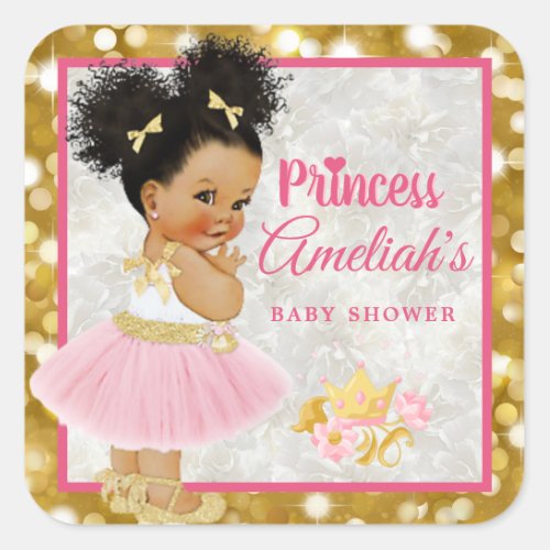 Afro Princess Ballerina Baby Girl PinkGold Fancy Square Sticker