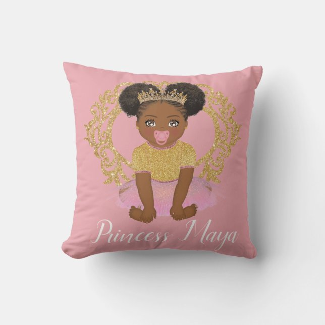 Afro Princess girl with tutu and gold crown Throw Throw Pillow (Front)