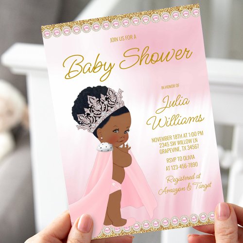 Afro Princess Pink Gold Baby Shower  Invitation