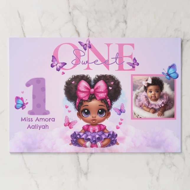 Afro Puff Baby Girl Butterfly Photo 1st Birthday Paper Pad (Front)