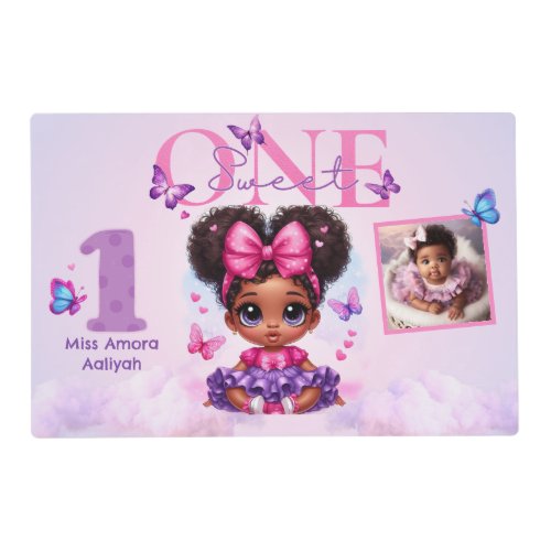 Afro Puff Baby Girl Butterfly Photo 1st Birthday Placemat