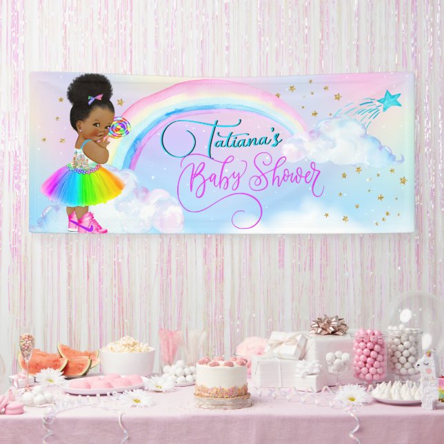 Afro Puff Baby Girl Pastel Rainbow Baby Shower Banner Zazzle - Main Image
