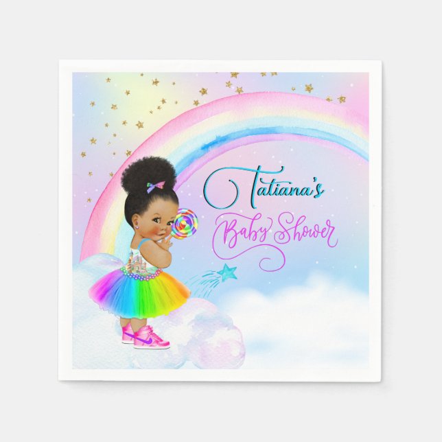 Afro Puff Baby Girl Pastel Rainbow Baby Shower Napkins (Front)