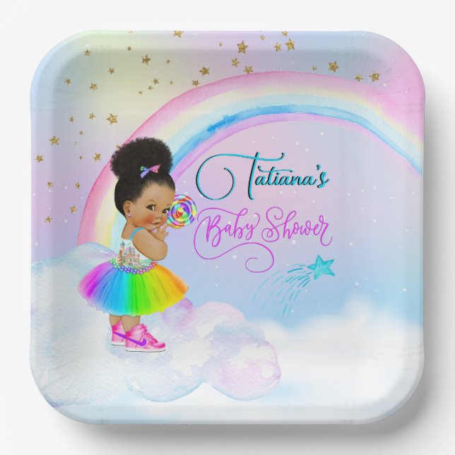 Afro Puff Baby Girl Pastel Rainbow Baby Shower Paper Plates (Front)