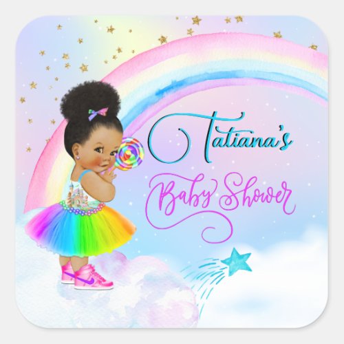 Afro Puff Baby Girl Pastel Rainbow Baby Shower Square Sticker