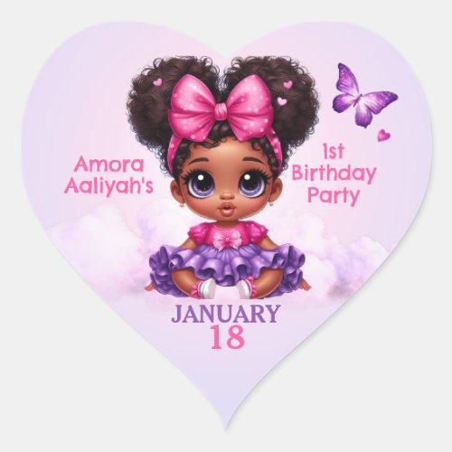 Afro Puff Baby Girl PinkPurple Butterfly Birthday Heart Sticker
