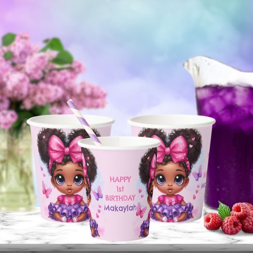 Afro Puff Baby Girl PinkPurple Butterfly Birthday Paper Cups