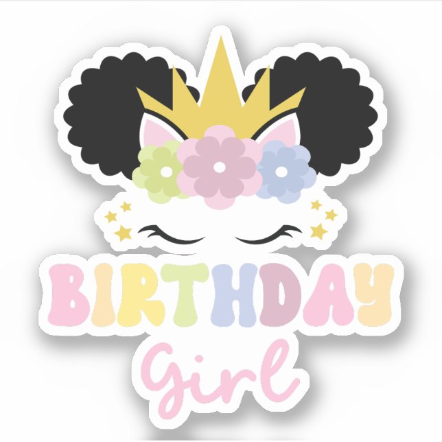 Afro Puff Curly Hair Unicorn Birthday Girl  Sticker (Front)